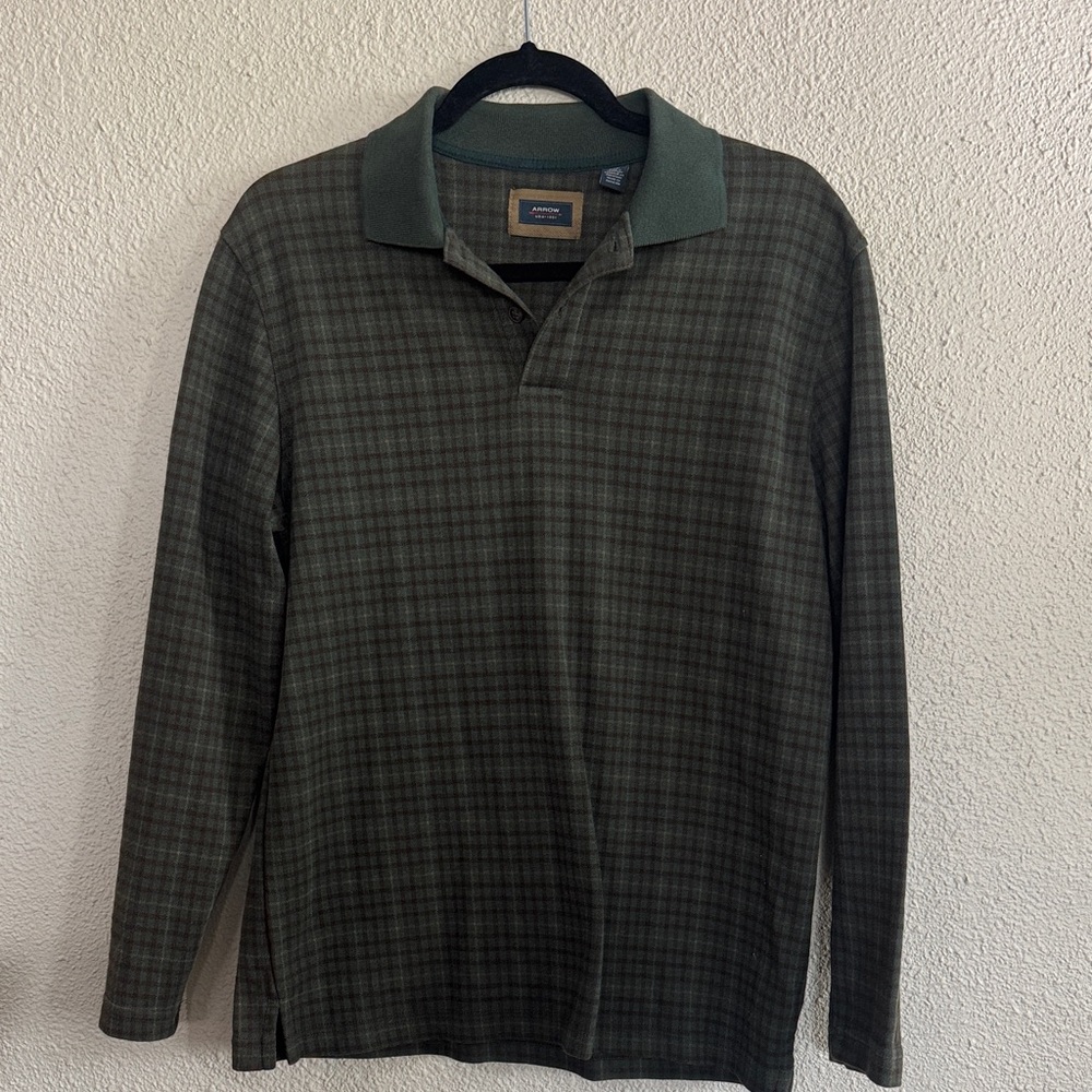Arrow Men's Dark Green Plaid Long Sleeve Polo
